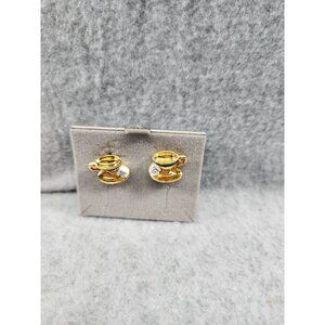 Tea Time Gold & White Novelty Pierced Earrings By Avon  Surgical Steel Posts